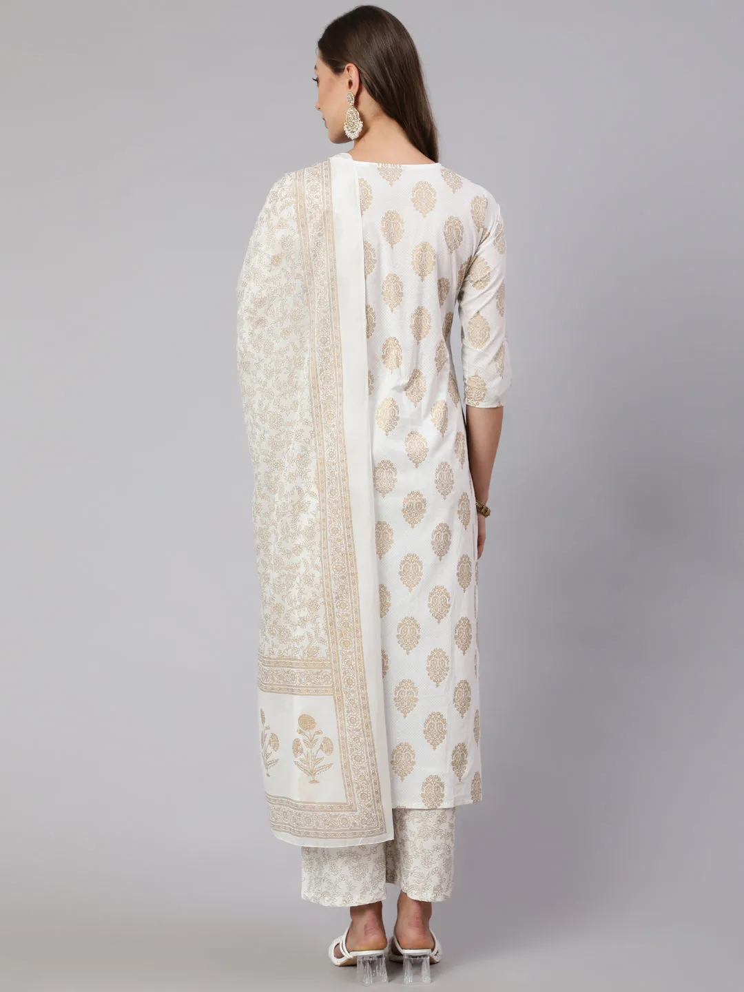 Women Off-White Ethnic Printed Kurta With Palazzo And Dupatta