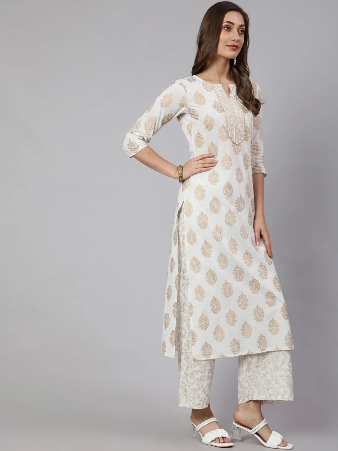 Women Off-White Ethnic Printed Kurta With Palazzo And Dupatta