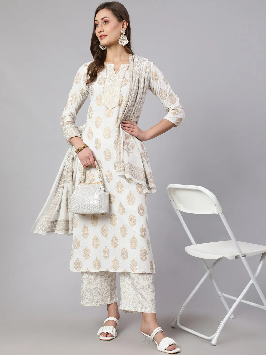 Women Off-White Ethnic Printed Kurta With Palazzo And Dupatta