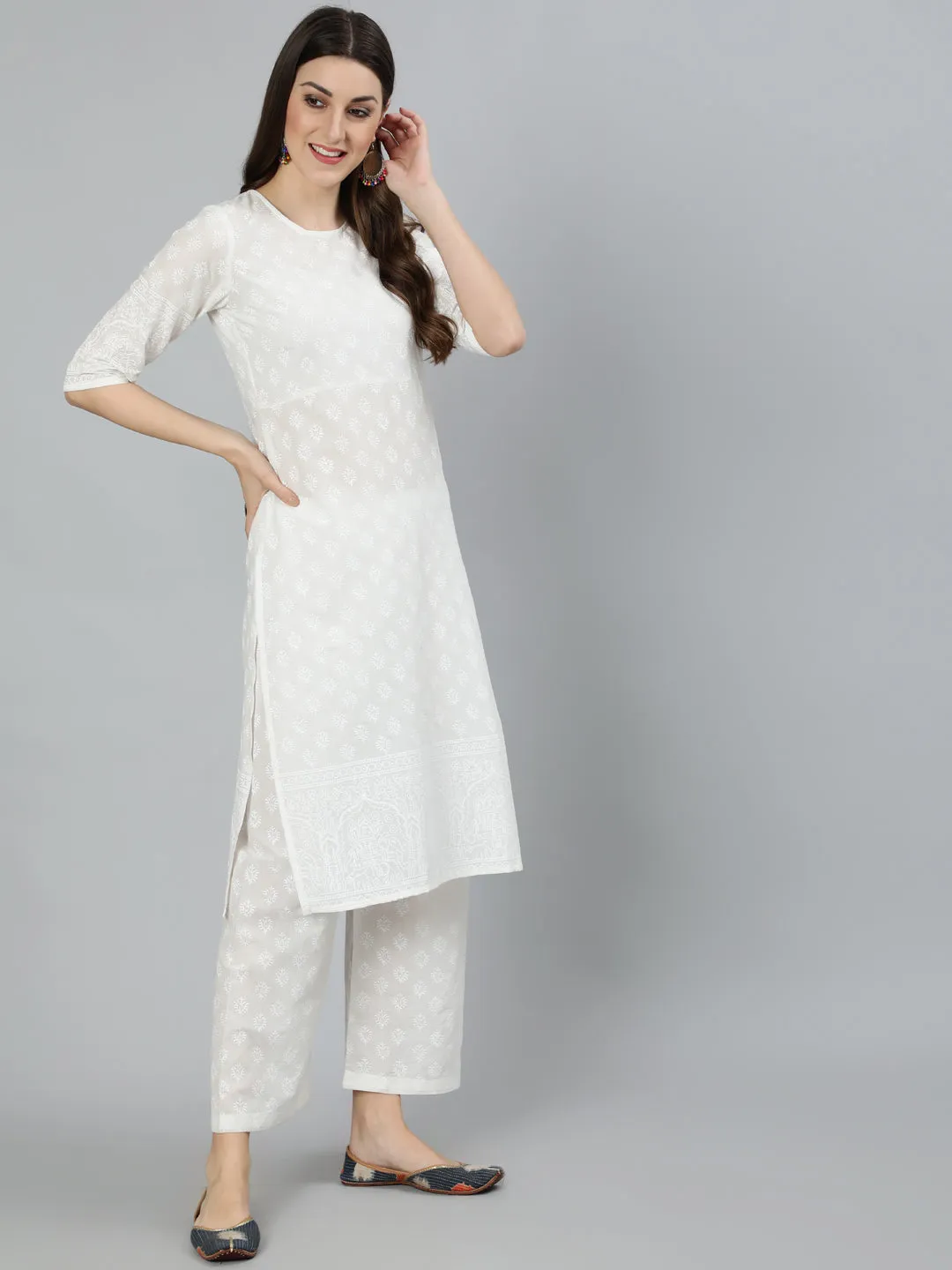 Women Off White Kurta With Plazo & Dupatta