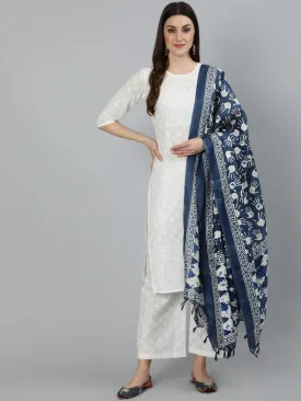 Women Off White Kurta With Plazo & Dupatta