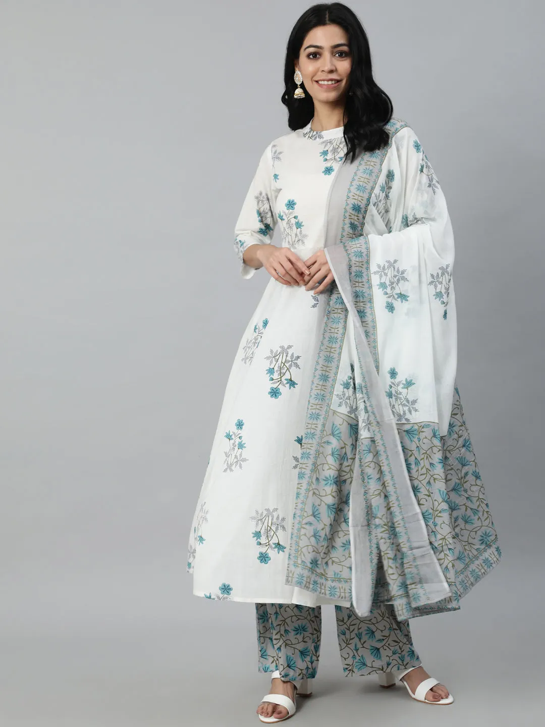 Women Off-White Printed Flared Kurta With Trouser & Dupatta