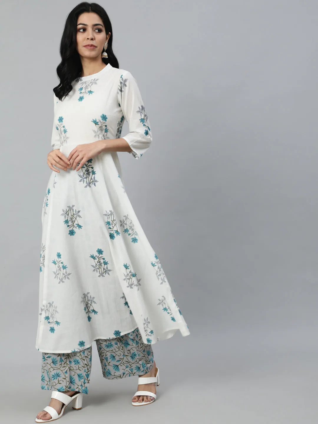 Women Off-White Printed Flared Kurta With Trouser & Dupatta