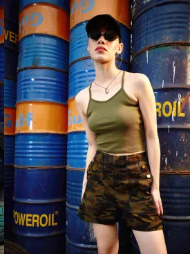 Women Olive Rib Strappy Top With Camouflage Shorts