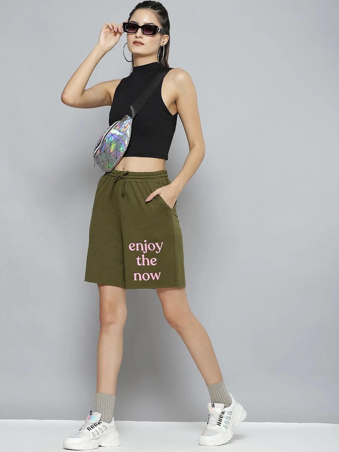 Women Olive Terry Active Enjoy The Now Shorts