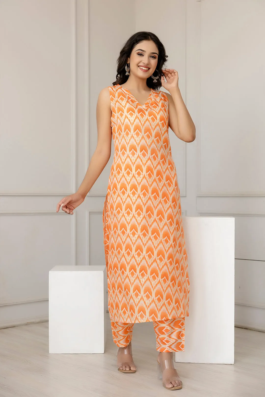 Women Orange Color Printed Straight Kurta With Trouser