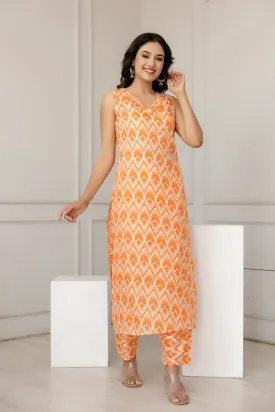 Women Orange Color Printed Straight Kurta With Trouser