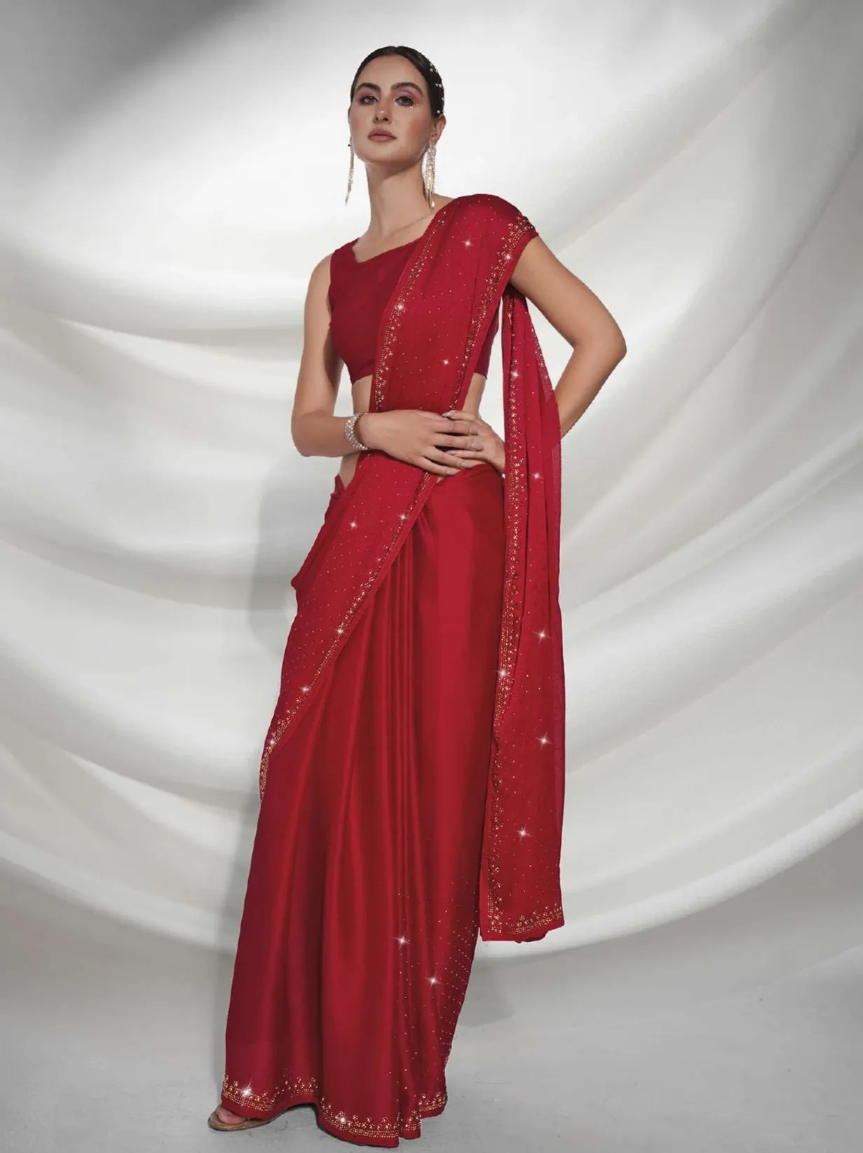 Women Party Wear Plain Red Colour Satin Silk Saree Collection