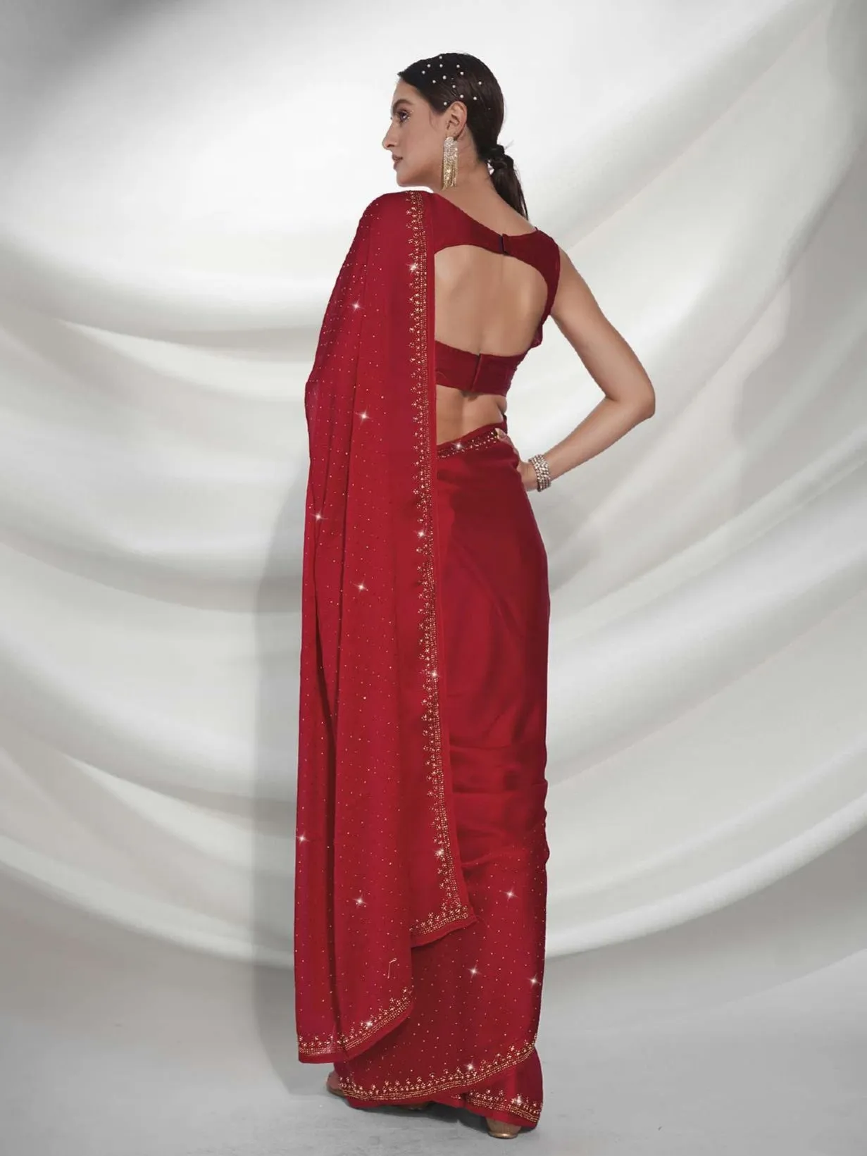 Women Party Wear Plain Red Colour Satin Silk Saree Collection