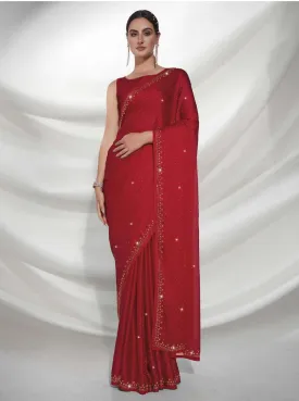 Women Party Wear Plain Red Colour Satin Silk Saree Collection