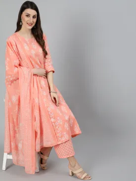 Women Peach Floral Printed Kurta And Palazzo With Dupatta