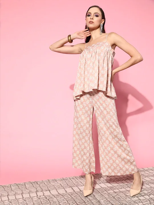 Women Peach Leaf Print Strappy Top With Ankle Palazzo