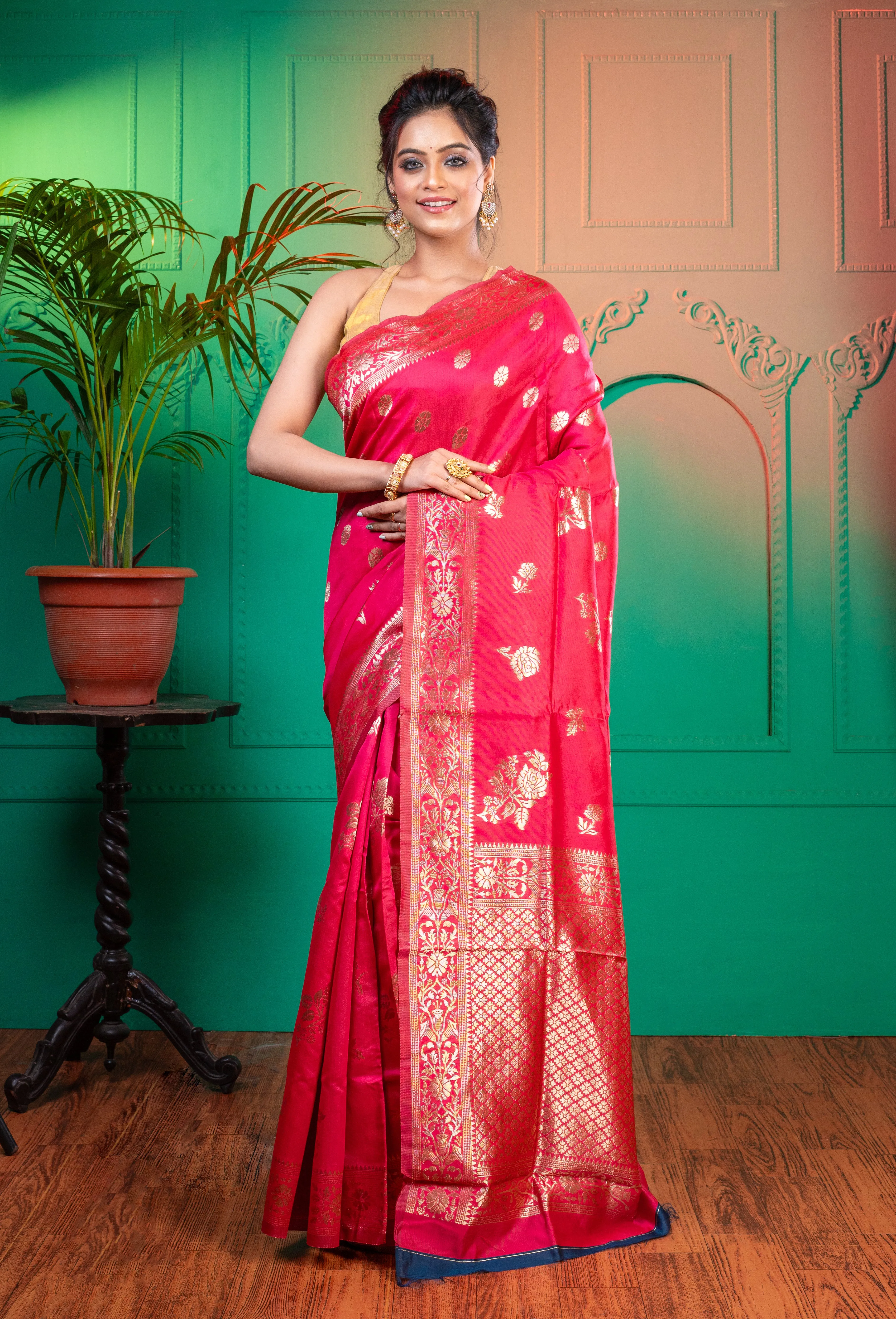 Women Pink Banarasi Soft Silk Saree With Jacquard Border