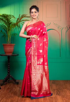 Women Pink Banarasi Soft Silk Saree With Jacquard Border