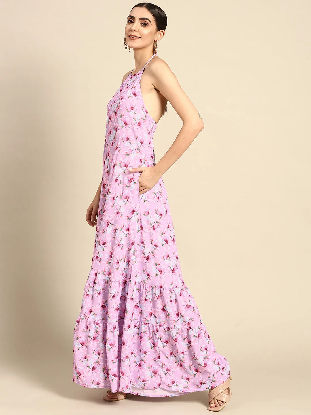 Women Pink Floral Printed Halter Dress