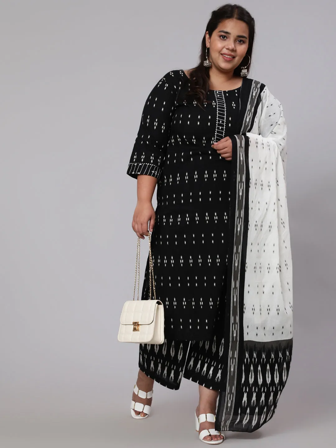 Women Plus Size Black Printed Straight Kurta With Plazo & Dupatta