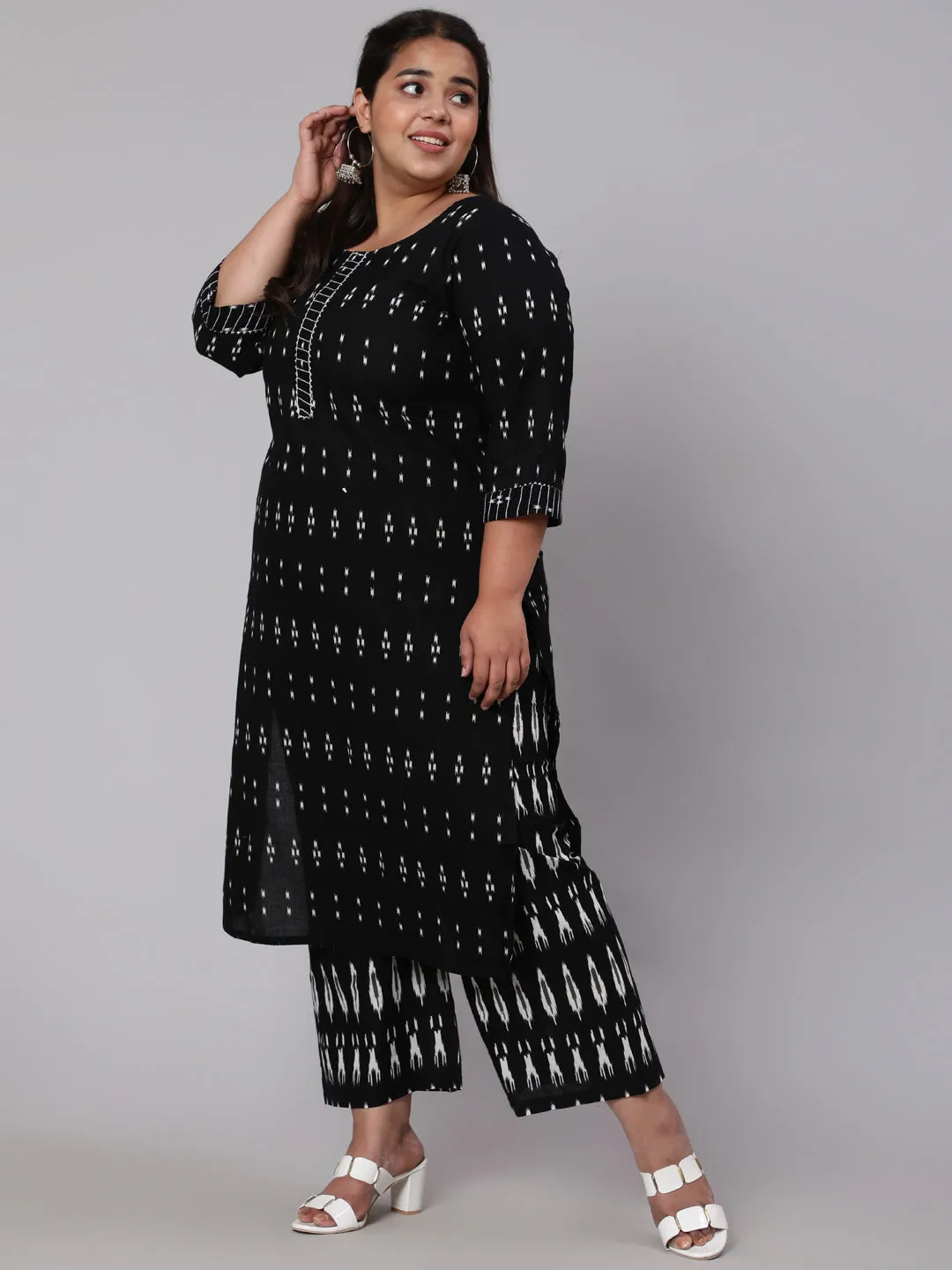 Women Plus Size Black Printed Straight Kurta With Plazo & Dupatta