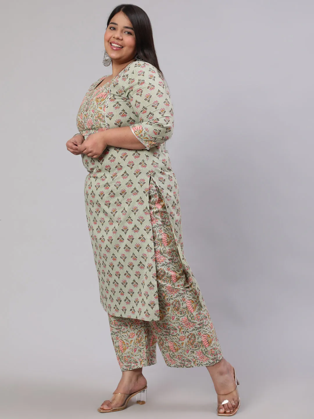 Women Plus Size Green Printed Kurta And Palazzo With Dupatta