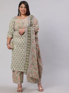 Women Plus Size Green Printed Kurta And Palazzo With Dupatta