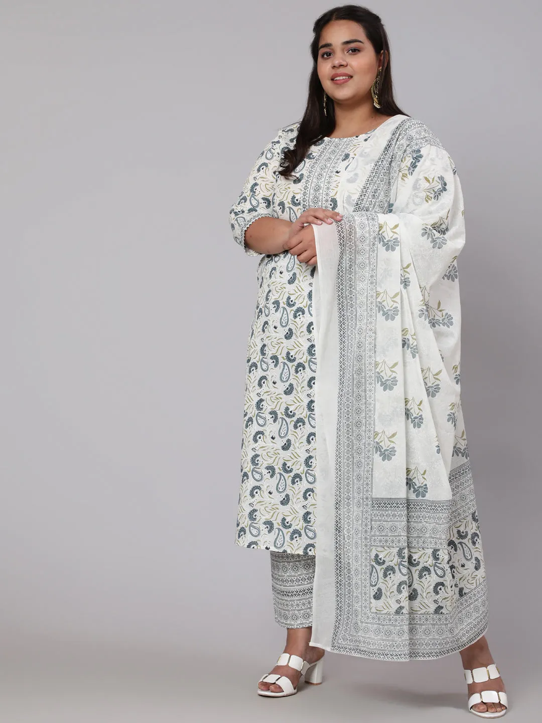 Women Plus Size Grey Printed Kurta And Palazzo With Dupatta