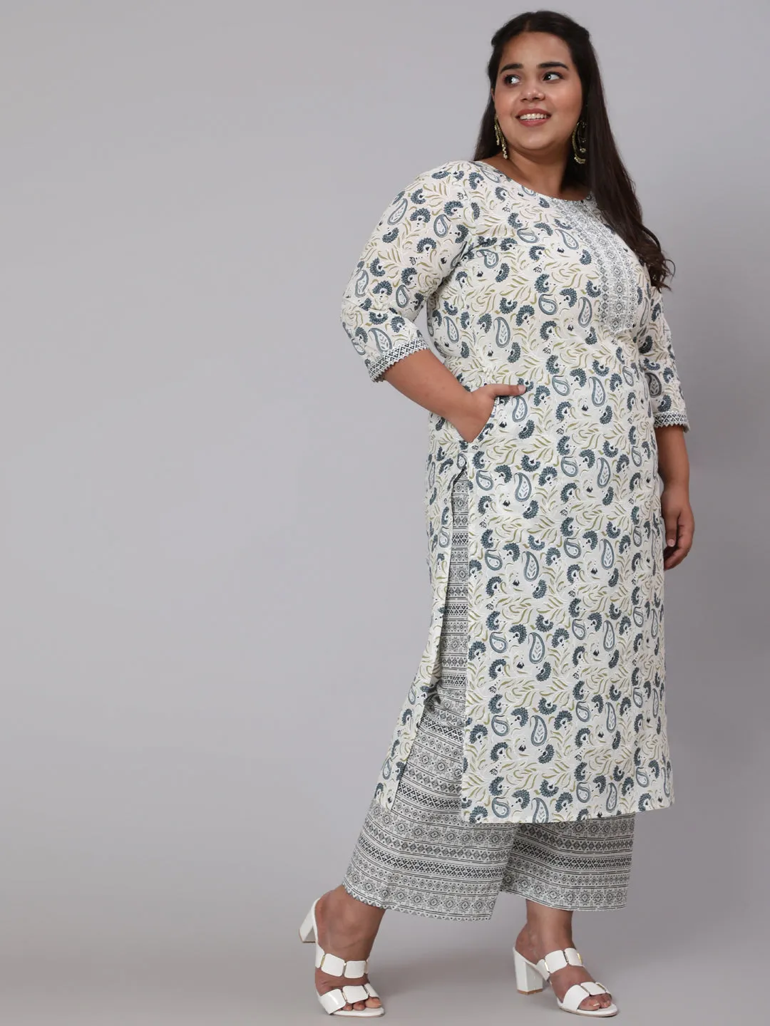 Women Plus Size Grey Printed Kurta And Palazzo With Dupatta