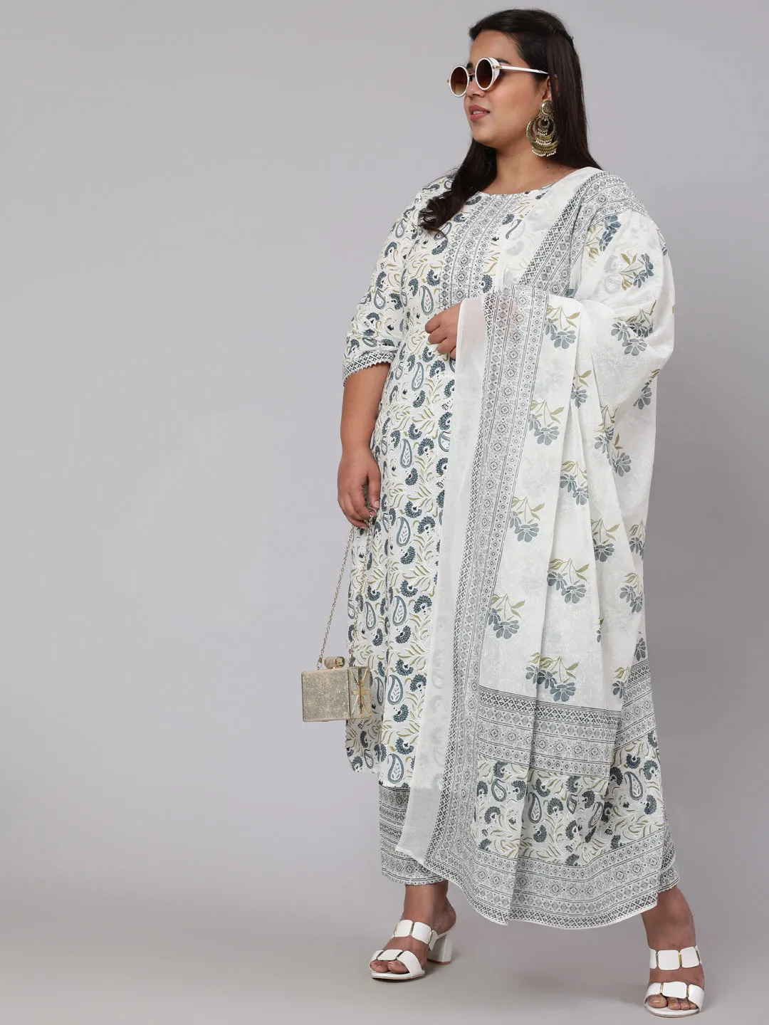 Women Plus Size Grey Printed Kurta And Palazzo With Dupatta