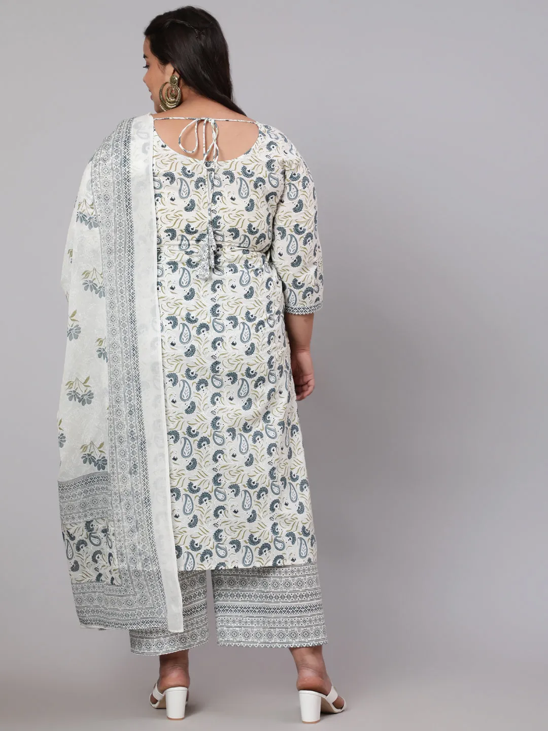 Women Plus Size Grey Printed Kurta And Palazzo With Dupatta