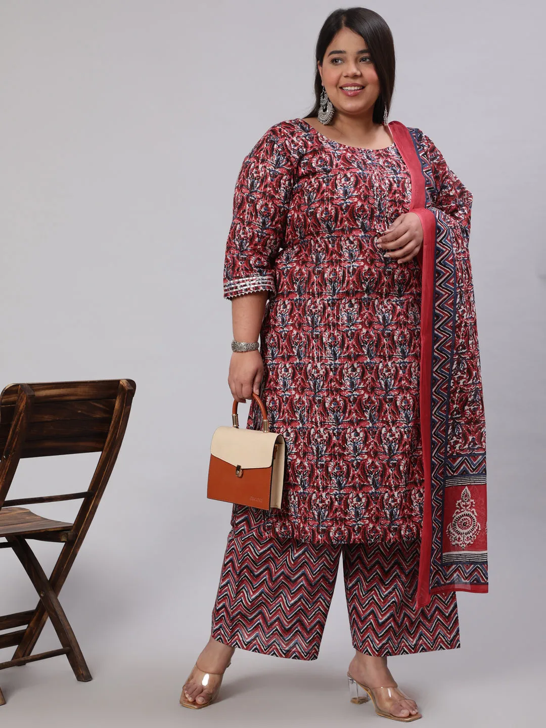 Women Plus Size Maroon Printed Kurta And Palazzo With Dupatta