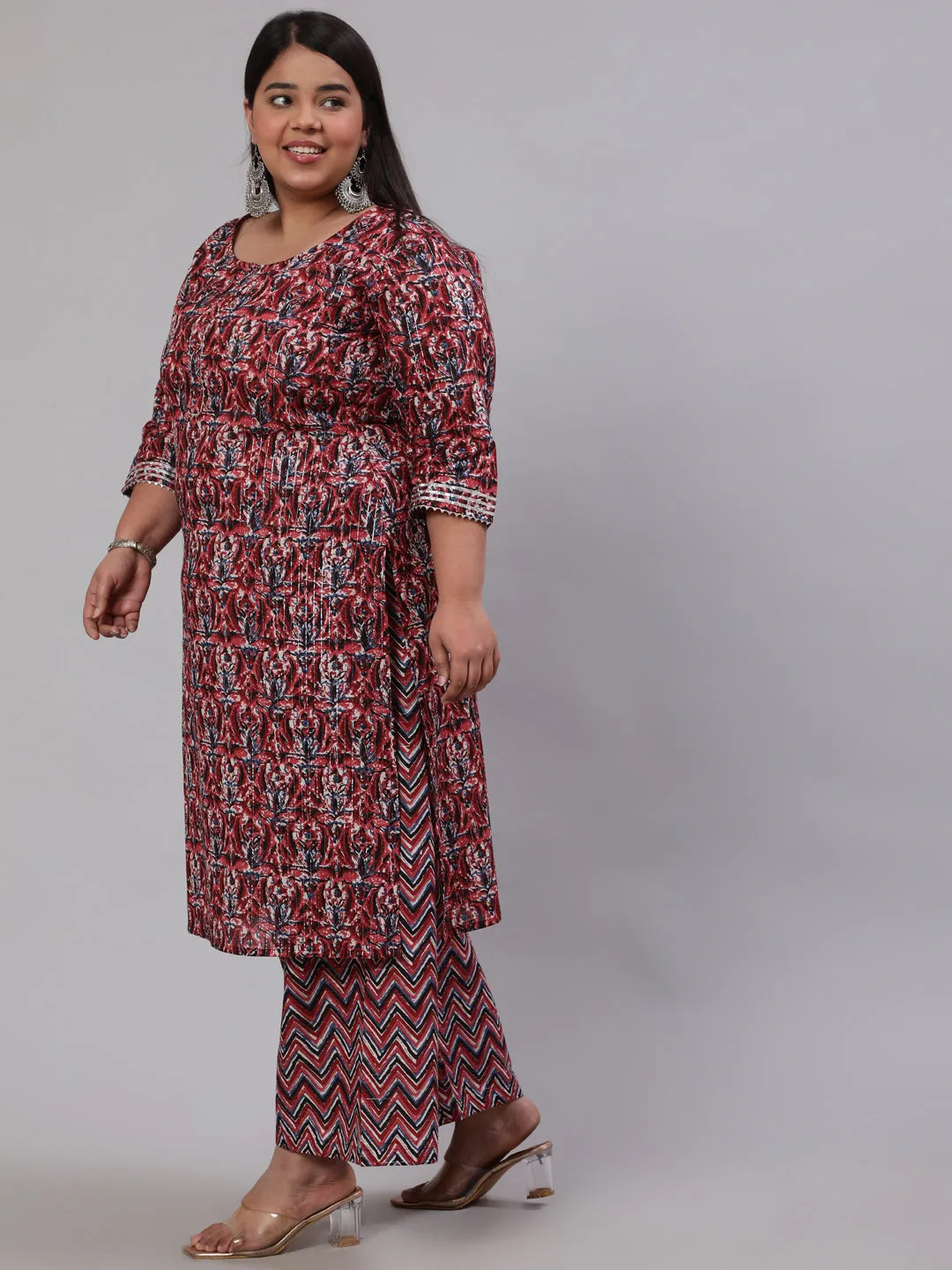 Women Plus Size Maroon Printed Kurta And Palazzo With Dupatta