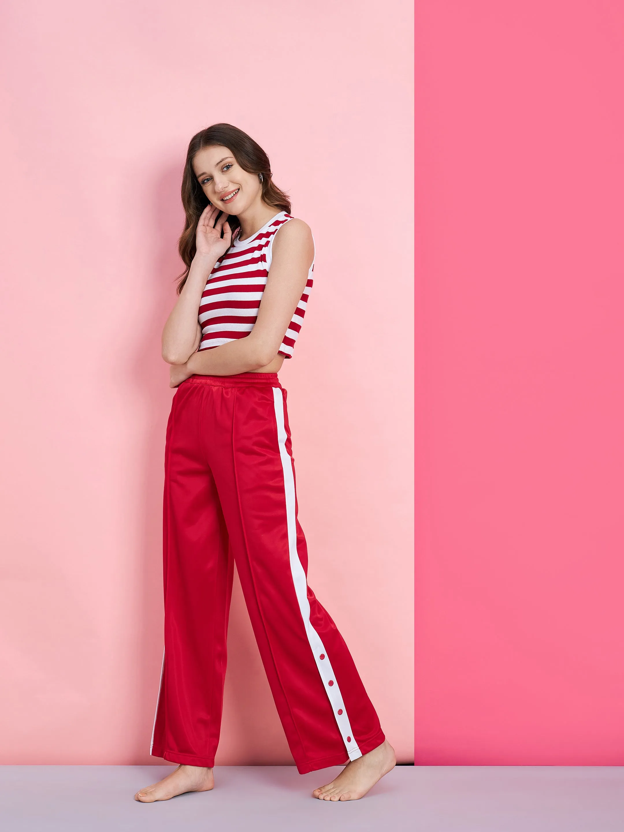 Women Red & White Stripe Rib Crop Top With Red Side Button Track Pants