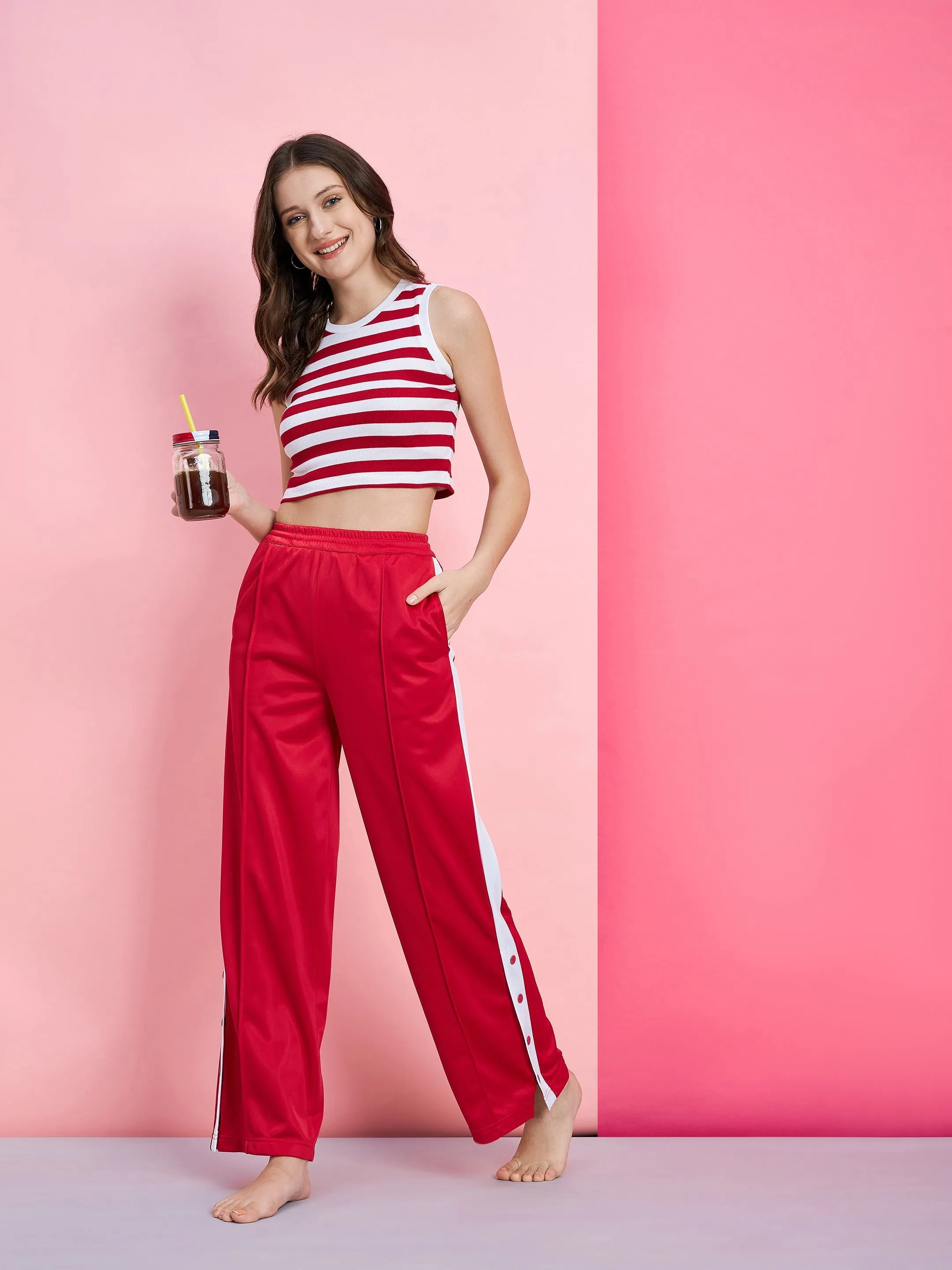 Women Red & White Stripe Rib Crop Top With Red Side Button Track Pants