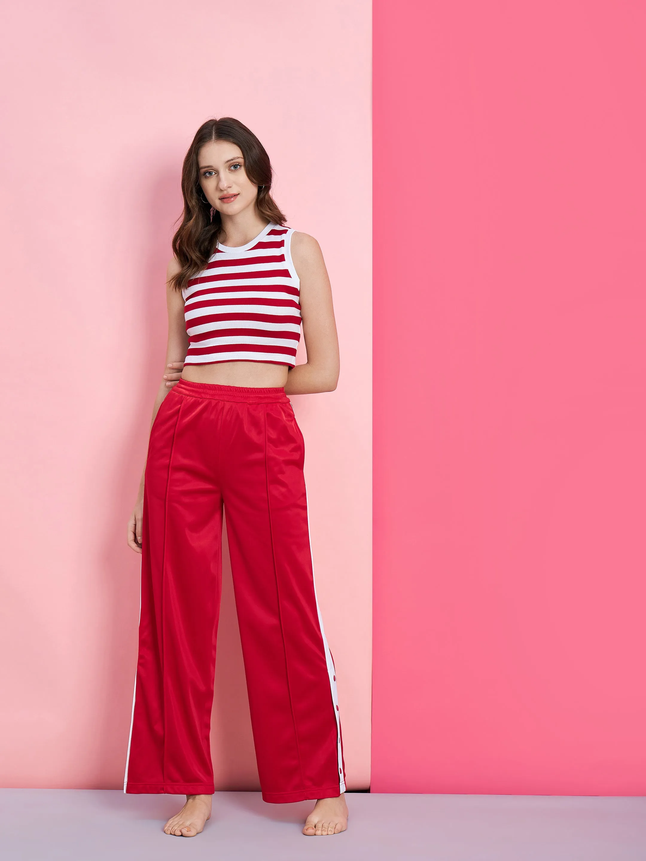 Women Red & White Stripe Rib Crop Top With Red Side Button Track Pants