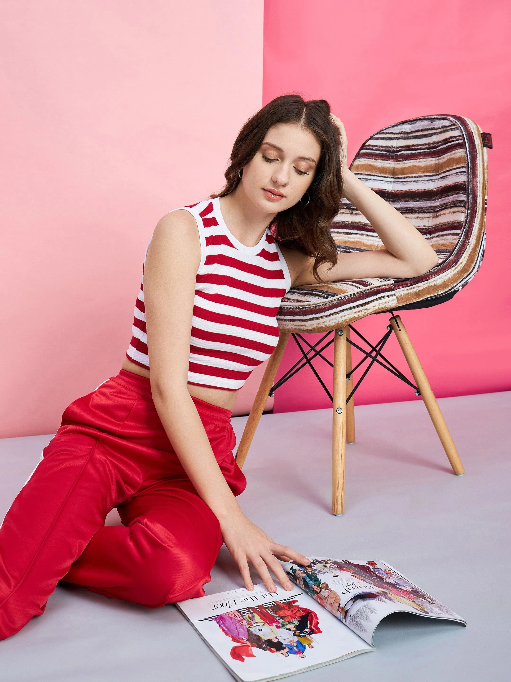 Women Red & White Stripe Rib Crop Top With Red Side Button Track Pants