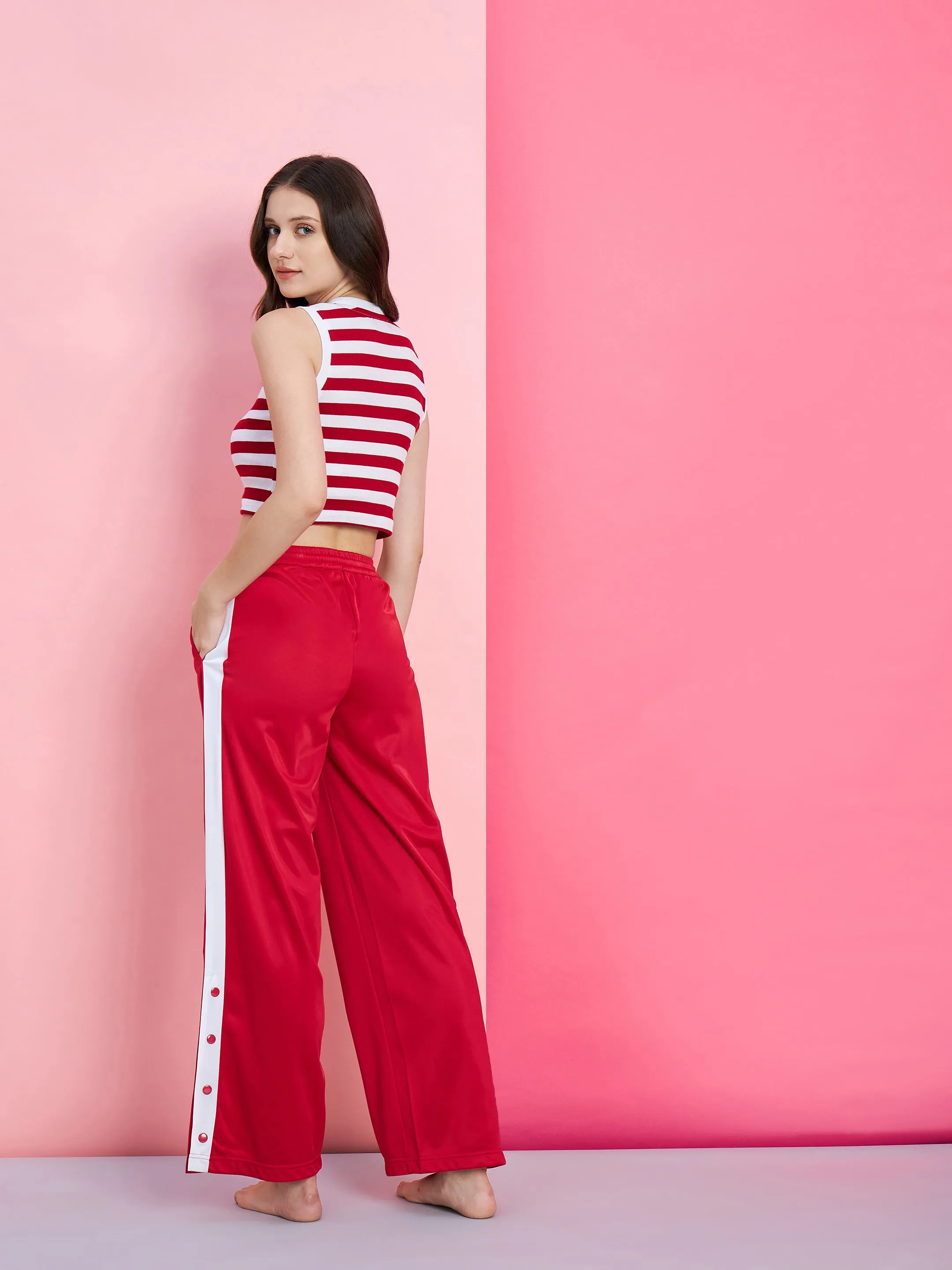 Women Red & White Stripe Rib Crop Top With Red Side Button Track Pants