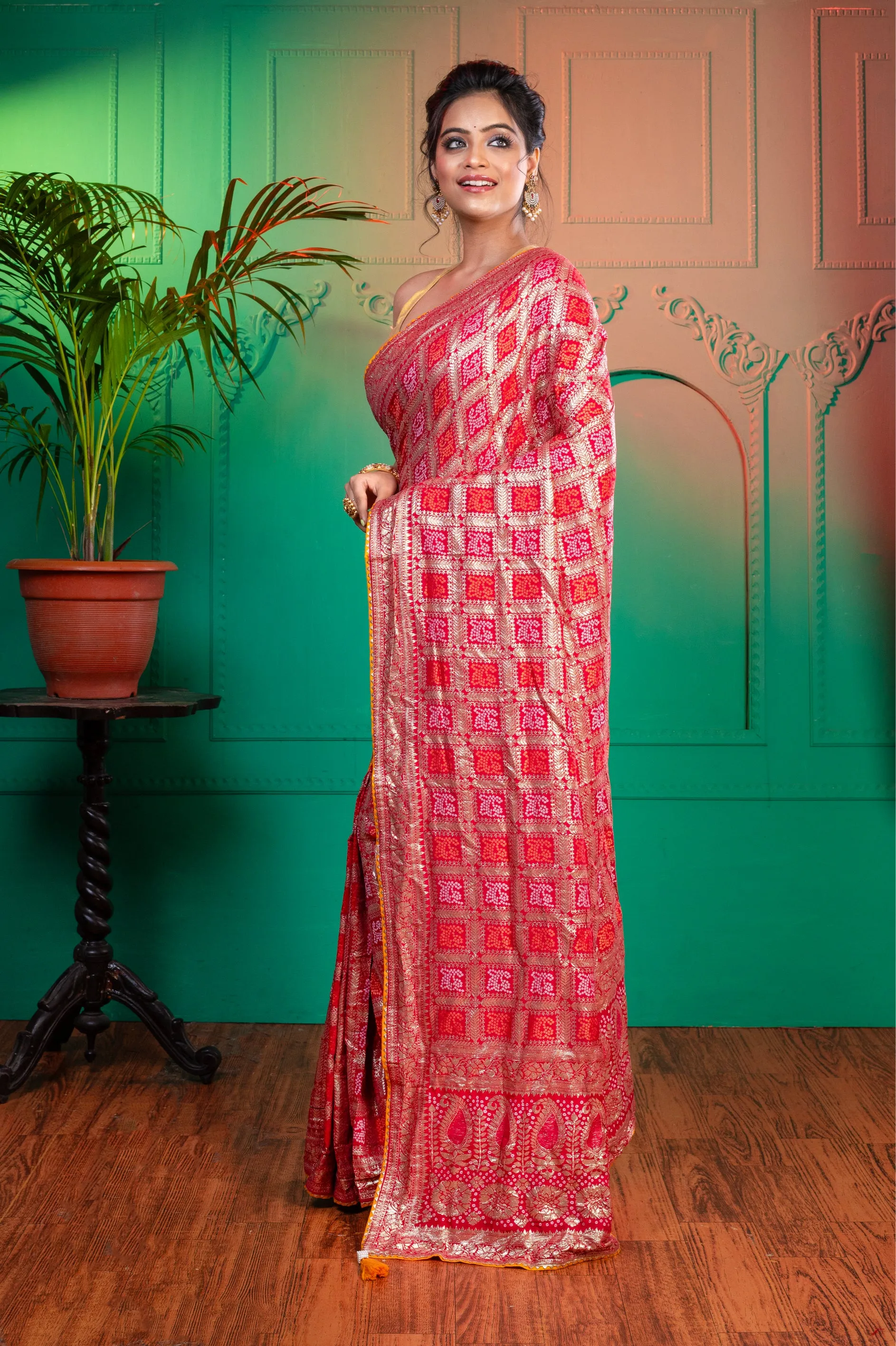 Women Red And Pink Banarasi Bandhej Saree