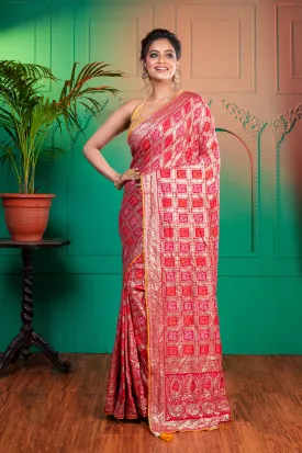 Women Red And Pink Banarasi Bandhej Saree