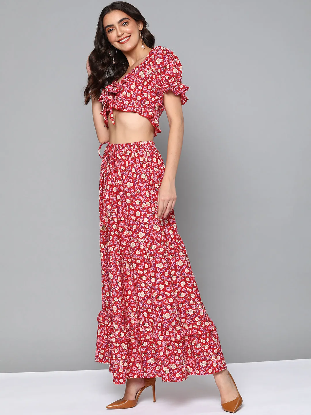 Women Red Ditsy Floral Volume Sleeve Top With Maxi Skirt