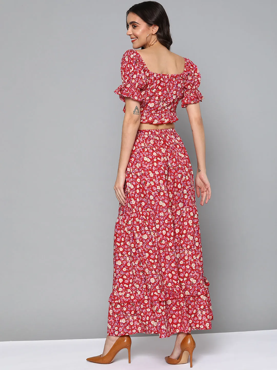 Women Red Ditsy Floral Volume Sleeve Top With Maxi Skirt