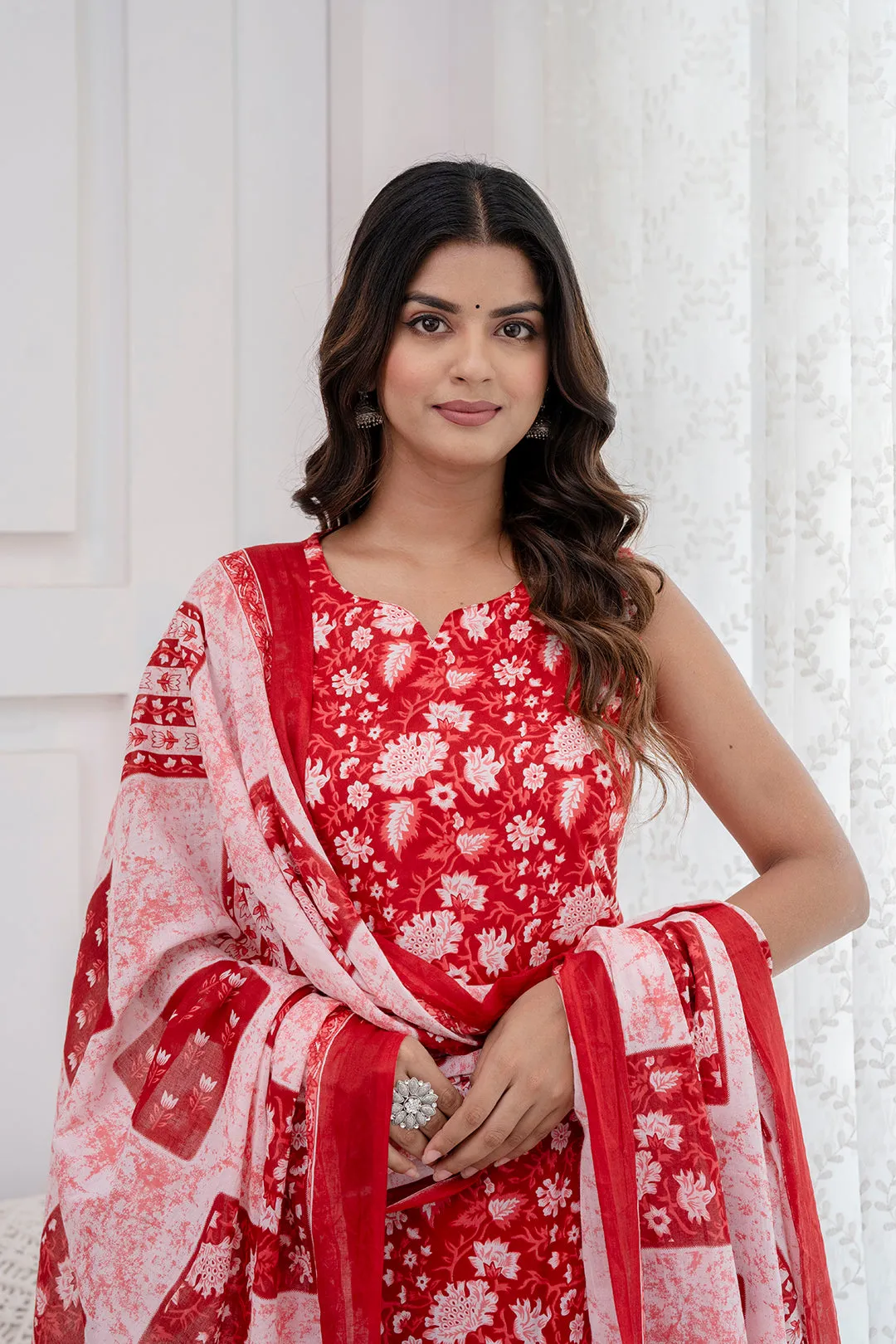 Women Red Printed Kurta With Trouser And Dupatta