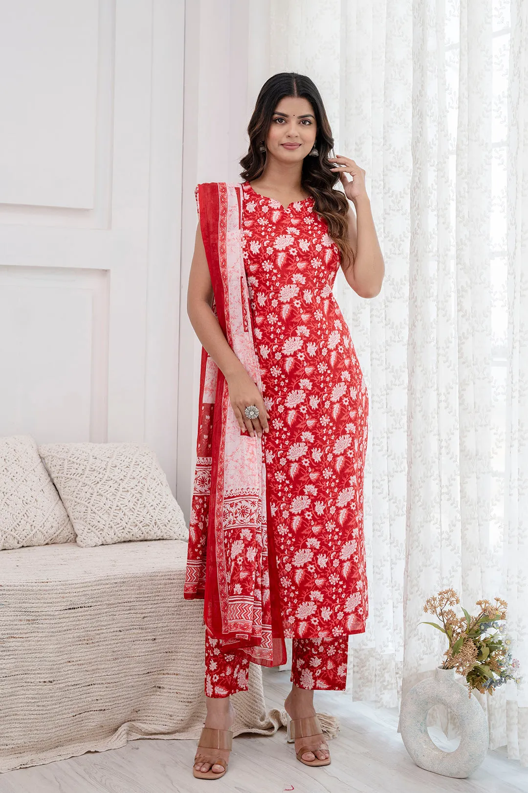 Women Red Printed Kurta With Trouser And Dupatta