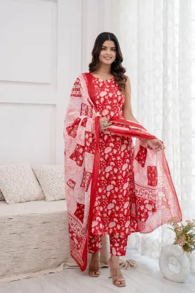 Women Red Printed Kurta With Trouser And Dupatta