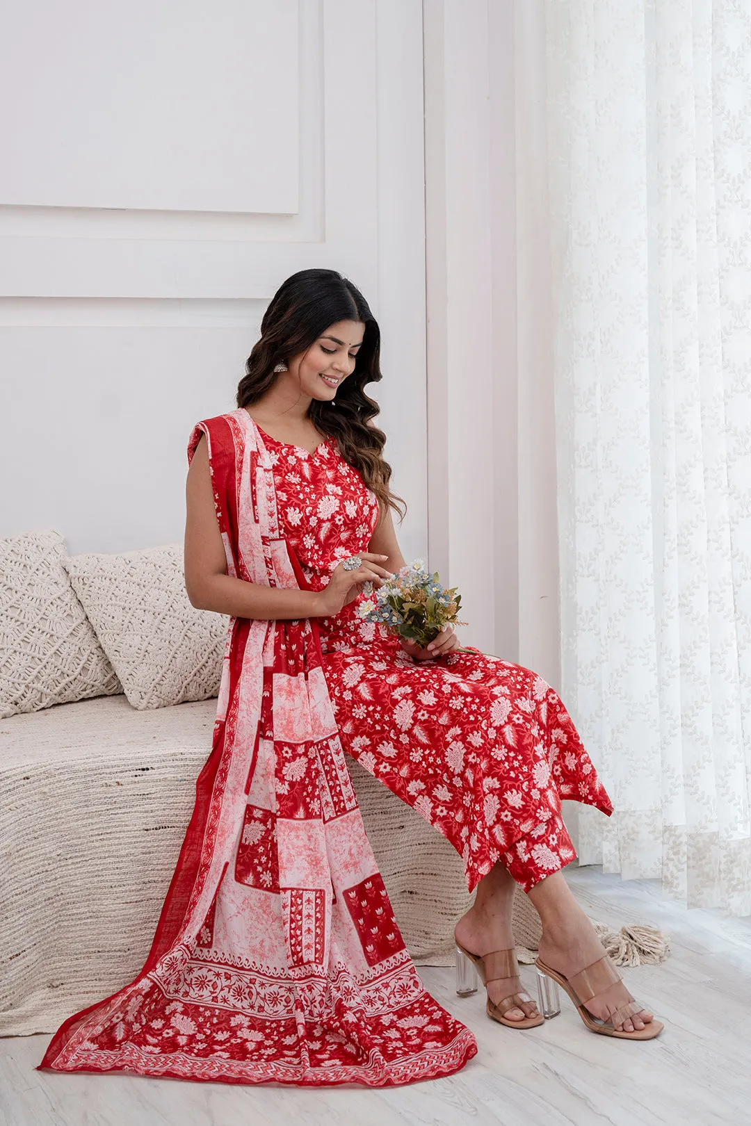 Women Red Printed Kurta With Trouser And Dupatta