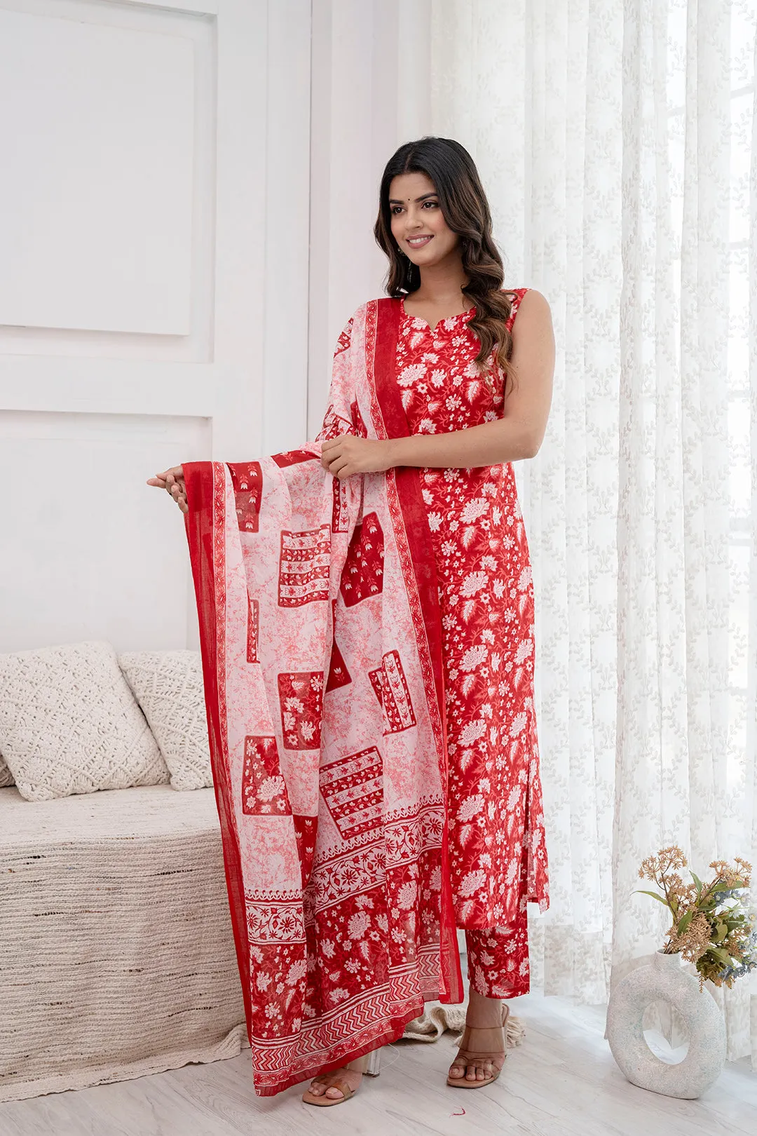 Women Red Printed Kurta With Trouser And Dupatta