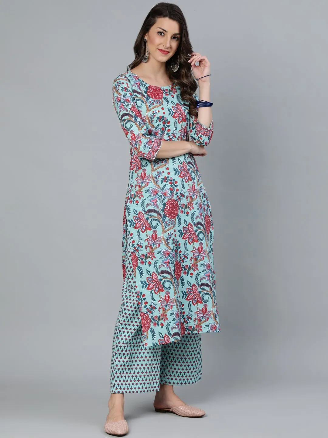 Women Sea Green Printed Straight  Kurta With Plazzo & Dupatta