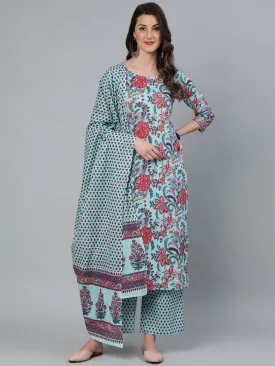 Women Sea Green Printed Straight  Kurta With Plazzo & Dupatta