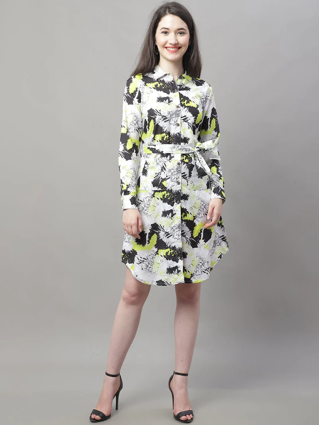 Women White Printed A-Line Dresses With Belt