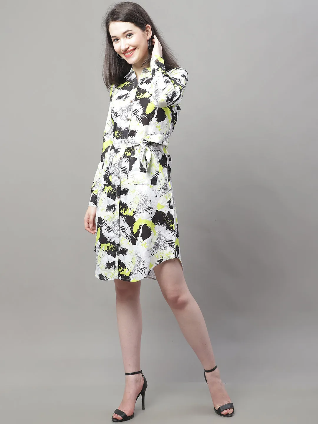 Women White Printed A-Line Dresses With Belt