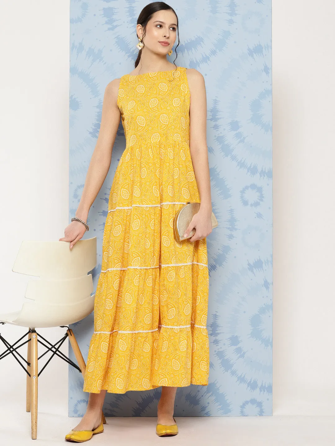 Women Yellow Bandhini Printed Flared Sleeveless Tiered Dress