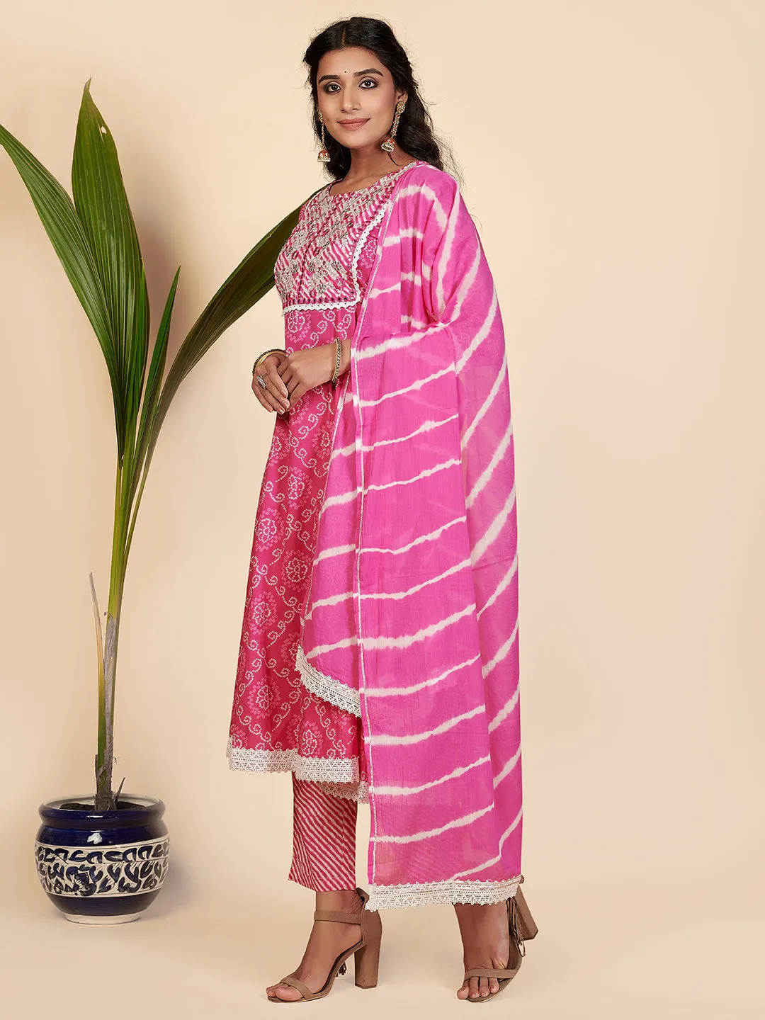 Women'S Bandhani Print & Embroidered Anarkali Cotton Pink Stitched Kurta Pant With Dupatta