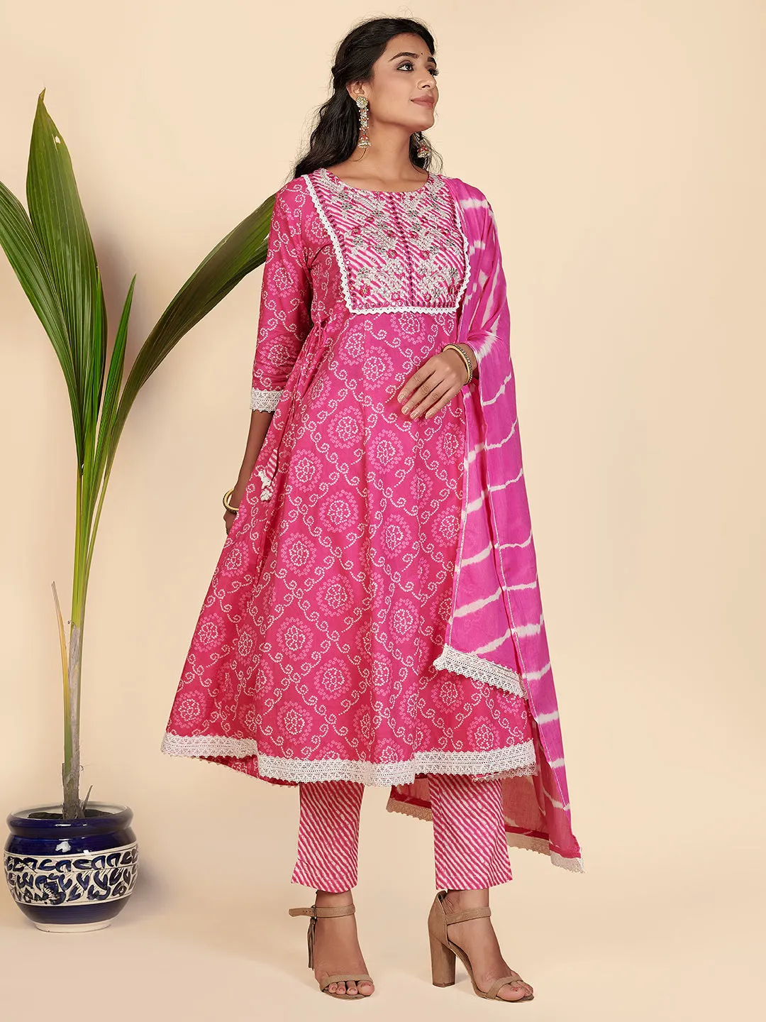 Women'S Bandhani Print & Embroidered Anarkali Cotton Pink Stitched Kurta Pant With Dupatta